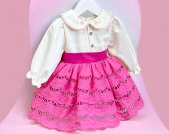 Hot Pink Cotton Vintage Style Girls Dress, Kids Special Occasion Dress, Cute Pink Kids Toddler Birthday Outfit, Pink Girl Dress