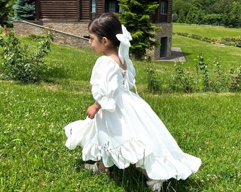 White Flower Girl Dress, Long back Soft Flower Girl Wedding Dress Toddler Infant Kids Wedding Dress Baby Baptism Dress First Communion Dress