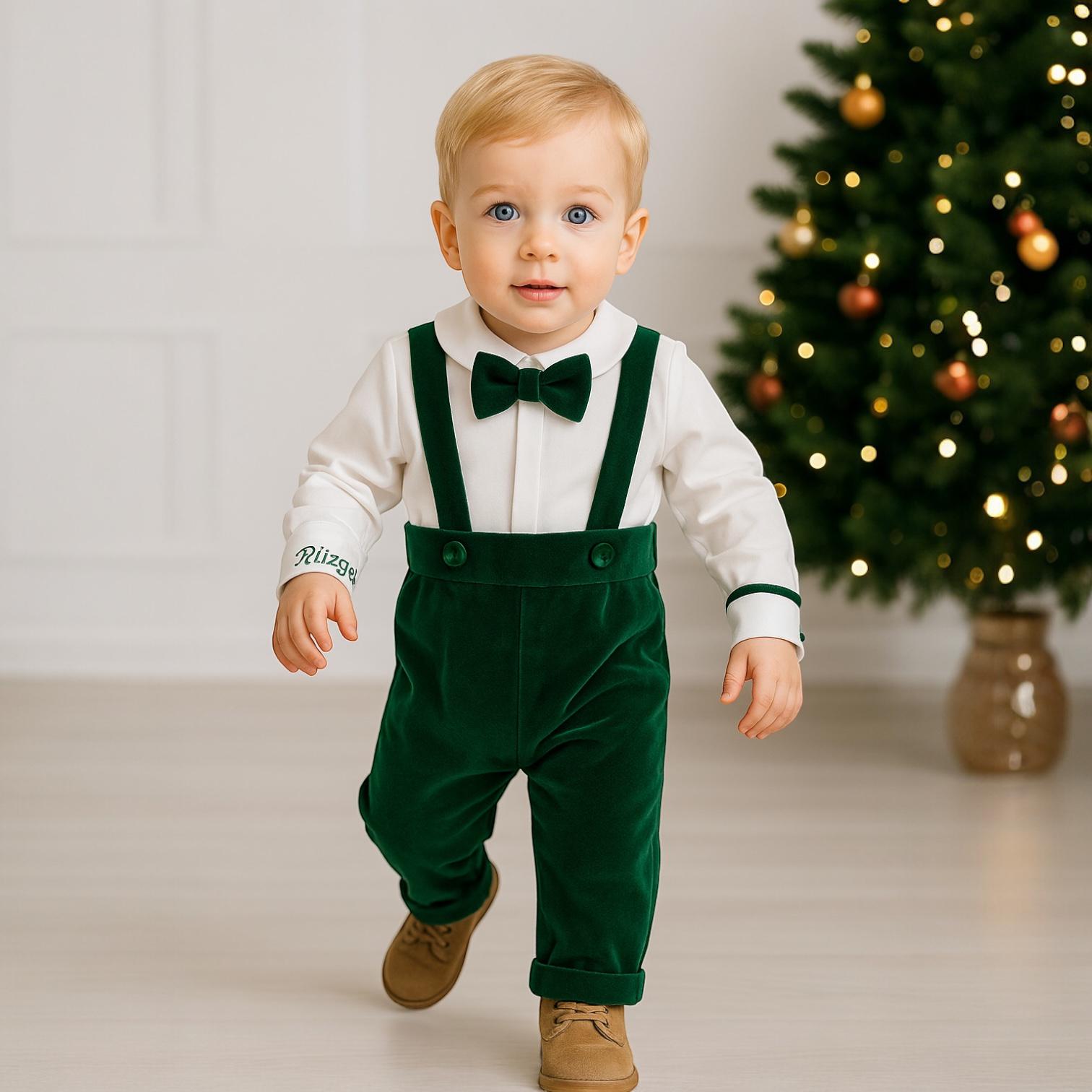 First Christmas Outfit Baby Boy Christmas Dungarees Embroidered