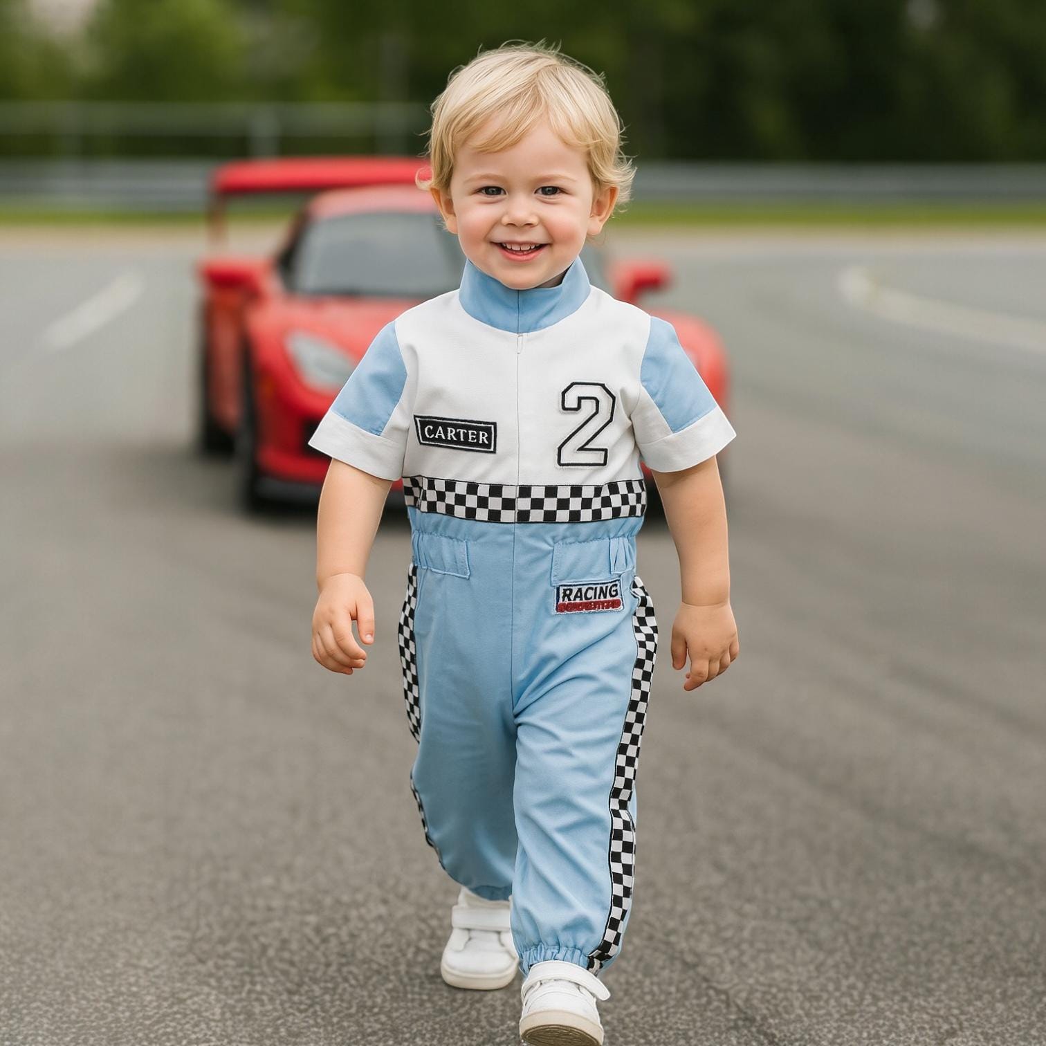 Blue Kids Racer Costume Custom Name Number Blue Racing Suit Birthday Costume Outfit, Toddler Racer Jumpsuit Baby Boy Halloween Costume