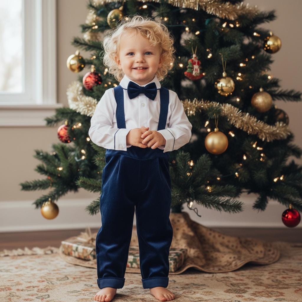 Luxury Navy Blue Velvet Custom Name Baby Boy Christmas Outfit, Toddler Kids Holiday Photoshoot Outfit Set Boy Navy Blue Christmas Jumpsuit