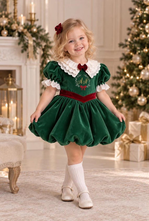 Custom Name Initial Baby Girl Green Velvet Christmas Dress, Kid's Girl's Green Velvet Holiday Photoshoot Dress