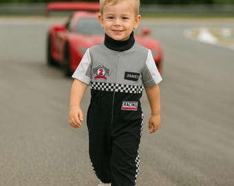 Kinder Name Racer Anzug und Nummer Racing Suit Geburtstag Kostüm Outfit Kleinkind Overall Personalisierte Racer Autofahrer Kostüm Geburtstag