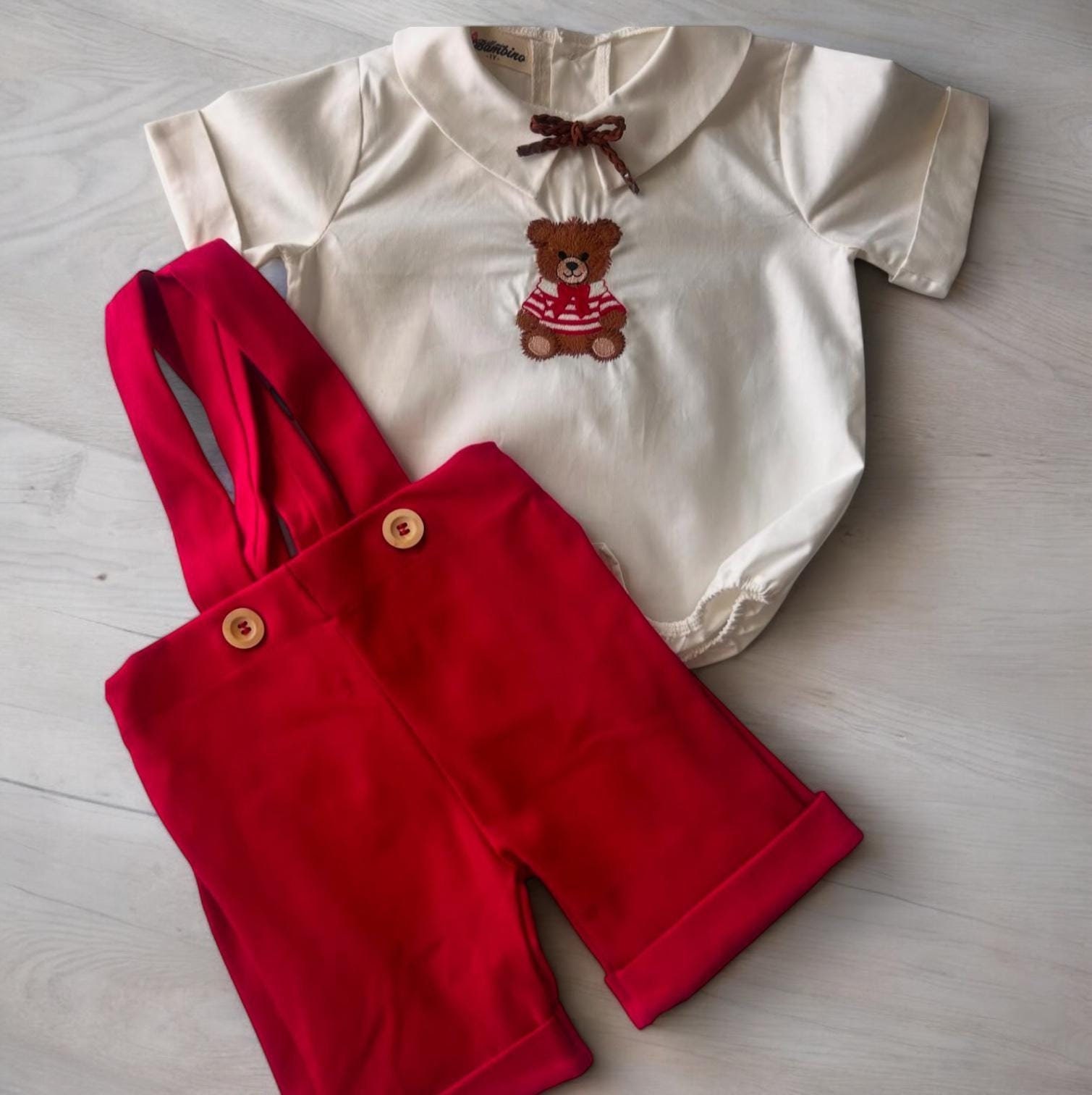 Baby Boy Red Birthday Outfit Set with SOCKS, Baby Boy embroidered Red Short Romper Shirt Birthday Outfit Set, Bear Shirt