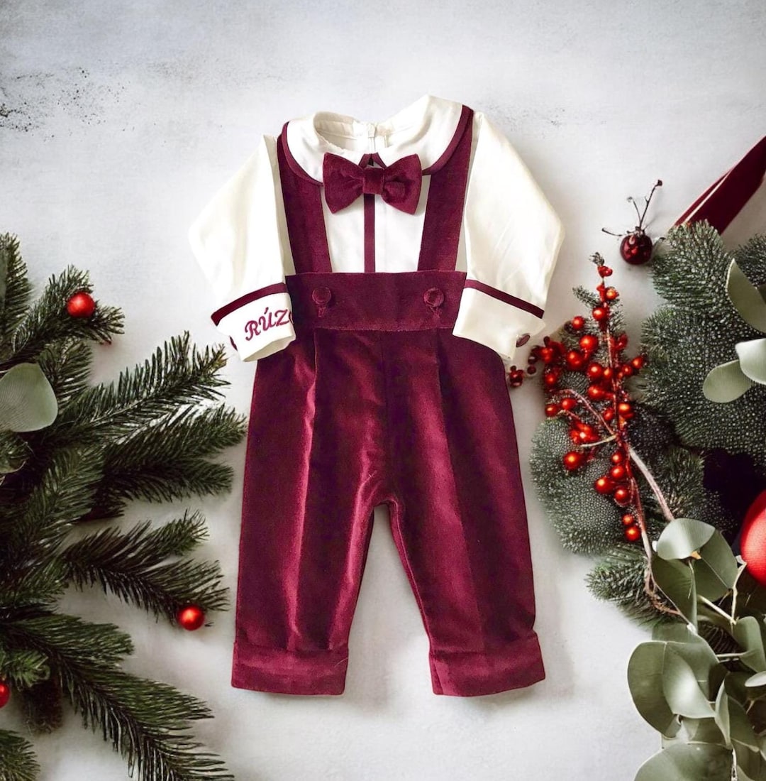 Baby Boy Custom Name Christmas Outfit, Luxury Velvet Burgundy