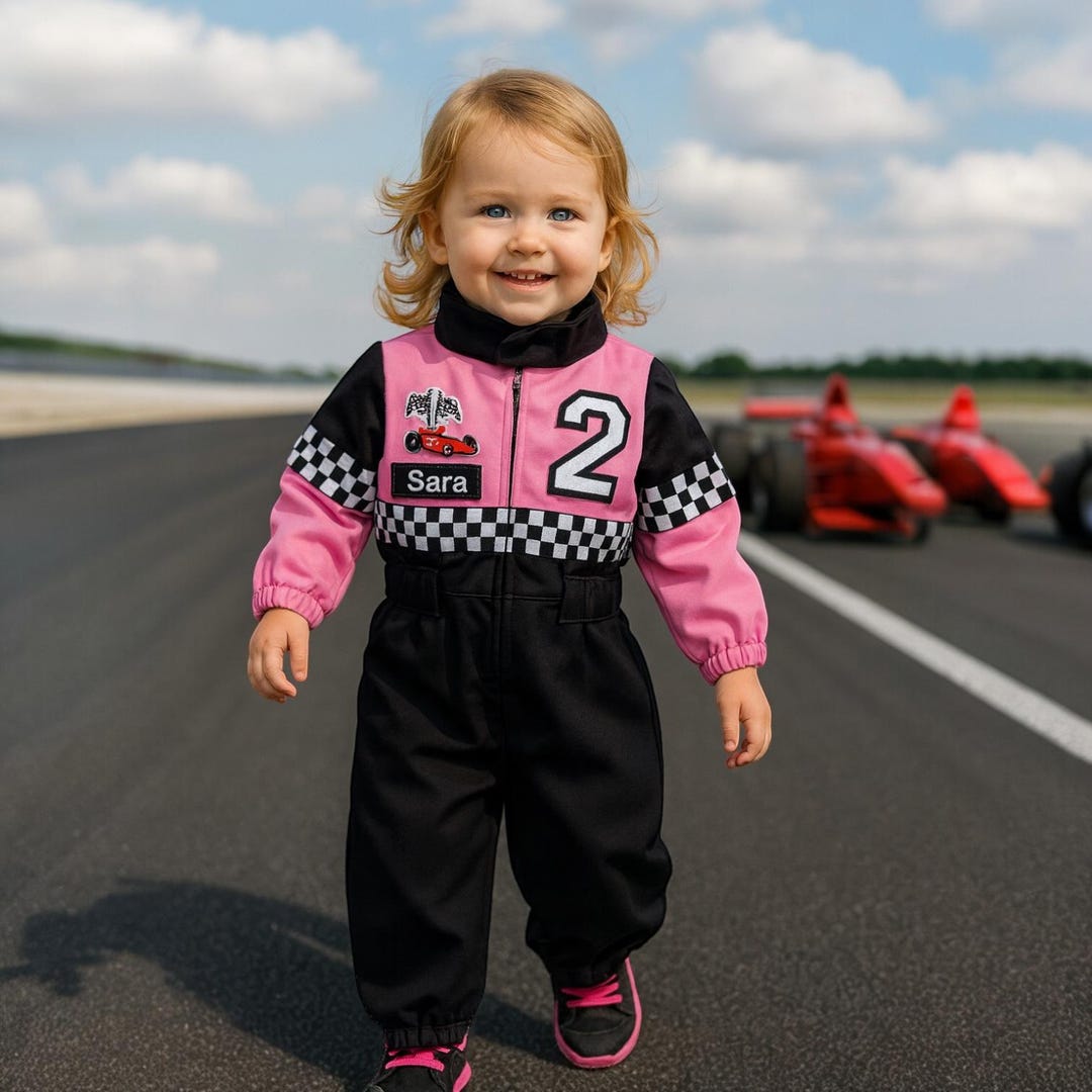 Baby Racer Style Pink Black Personalized Baby Girl Racing Suit Kids Baby Racer Costume ...