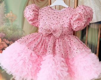 Vestido de fiesta de cumpleaños de niña con lentejuelas rosas de lujo, vestido de fiesta de cumpleaños de niña, vestido de desfile de niñas, vestido de primer cumpleaños, tema de fiesta rosa