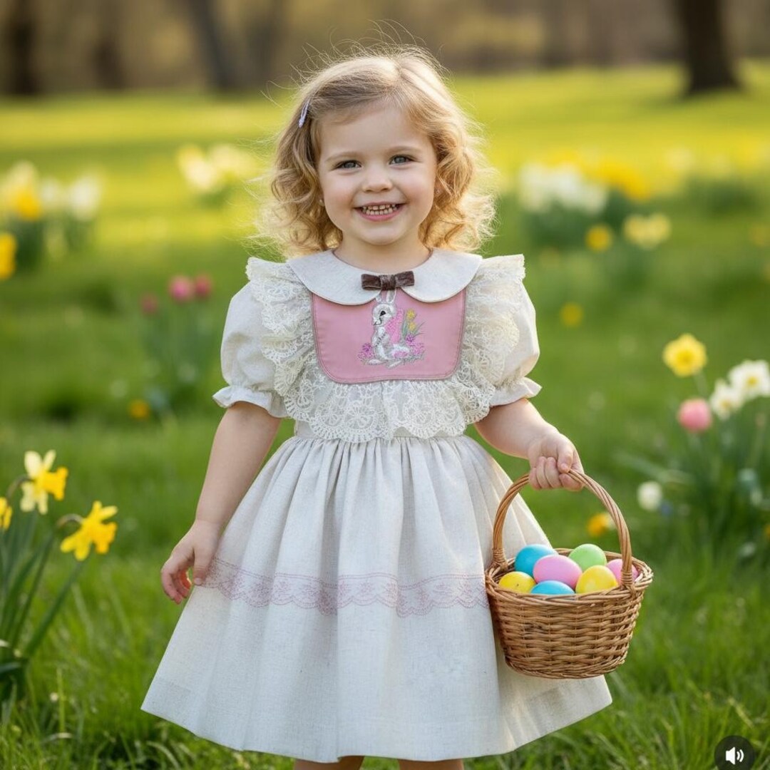Bunny Embroidered Girl Beige Easter Dress, SO Comfy Vintage Style Kids Girl Easter Outfit Dress