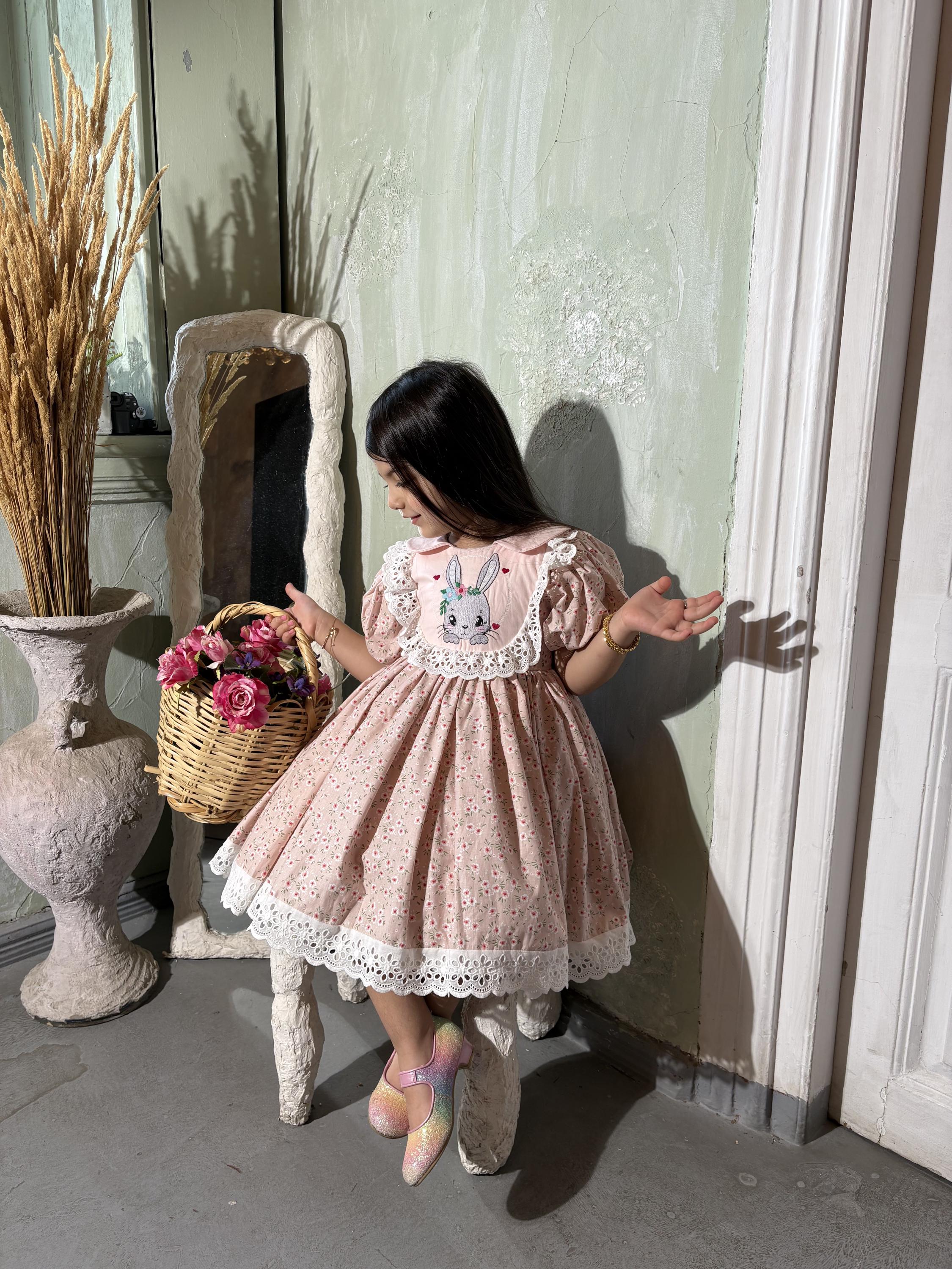 Pink Girls Easter Dress, Bunny Embroidery Floral Cute Puffy Vintage Style Girls Easter Dress, Toddler Kids Pink Birthday Party Dress Pink Girls Easter Dress, Bunny Embroidery Floral Cute Puffy Vintage Style Girls Easter Dress, Toddler Kids Pink Birthday Party Dress