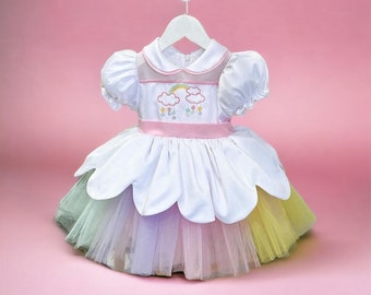 Colorful Soft Tulle Kids Cute Birthday Dress, Kids Baby Girls Embroidery Birthday Special Occasion Dress, Rainbow Baby Dress