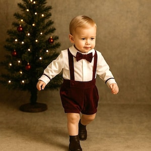 Baby Boy Burgundy Christmas Outfit Red Burgundy Velvet Christmas Outfit Set Kids Christmas Holiday Red Outfit Suit Short Shirt Suspender