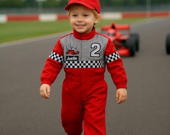 Rot Grau Kinder Rennfahrer Kostüm Personalisierte Halloween Kostüm Outfit für Kleinkind Jungen Racing Overall Name Benutzerdefinierte Racing Kostüm