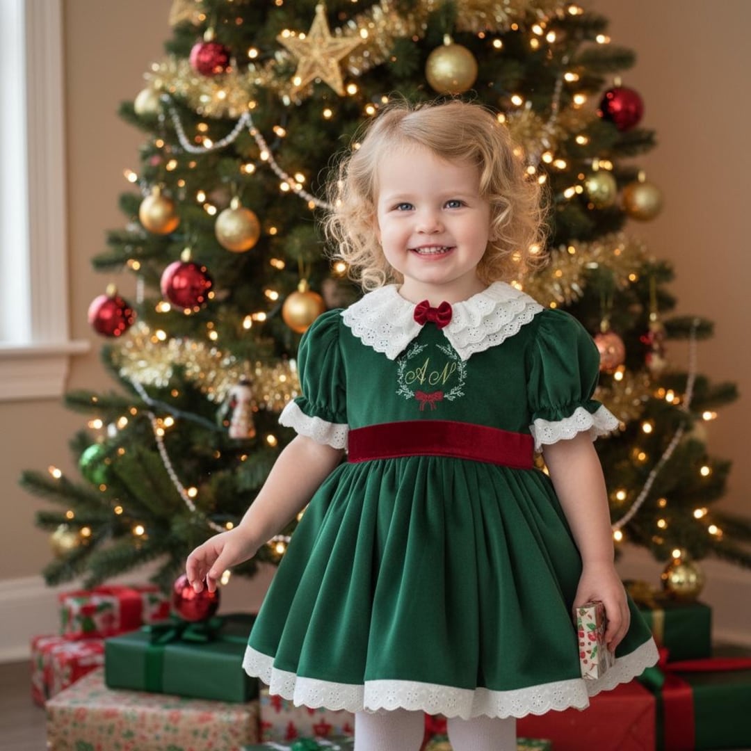 Baby Girl Custom Initials Green Velvet Christmas Dress,baby Girl Holiday Christmas Photoshoot Dress, Green Velvet Girls Christmas Dress