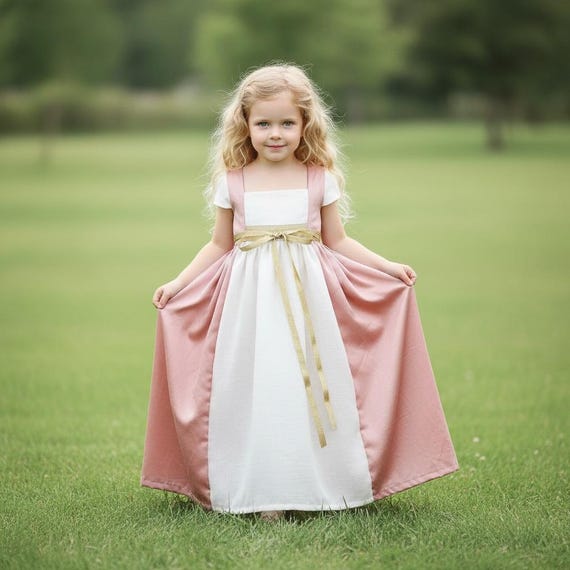 pink gold and white dress Girl Historical Costume Renaissance Style Girls Dress • Pink Hobbit Girl Kids Dress With Puff Sleeves Kids Medieval Dress RD-09.22.25