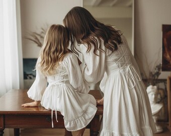 mother daughter boho dress Matching Photoshoot Style White Dress, Girl Mom and me Baby Matching Birthday Photoshoot Flower Girl Dresses Size:L (14-16)