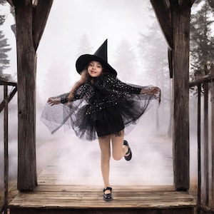 Kids Starry fairy witch costume Pink Purple Black whimsical witch , kids halloween costume, girls witch costume baby halloween costume