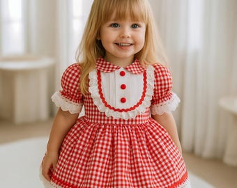 Röd ginghamklänning för babyflicka – Röd och vit vintageklänning med spets och knappar för födelsedagsklänning – Handgjord födelsedags- eller högtidsoutfit