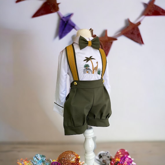 Green Kids Embroidered Baby Boy Birthday Outfit Set, Kids Custom Name and  Number Birthday Cute Outfit Suit Set, Safari Theme birthday Outfit