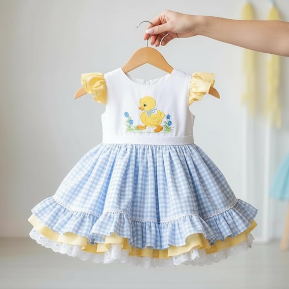 blue gingham baby dress Duck Embroidered Girls Easter • Toddler Girl Spring Dress • Birthday Embroidered Duck Baby Dress Baby Girl Birthday Report: Hathaway 'freaked out' scoop neck Puff sleeves add a Size:US 18