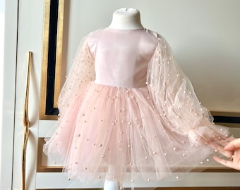 Vestido de cumpleaños de niña de tul de oro rosa perlado, vestido de niña de flores perladas de rosa polvoriento de tul, vestido de novia para niños, vestido de cumpleaños para niños