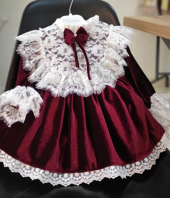 Party Wear Burgundy Newborn Dress Baby Girl Burgundy Satin