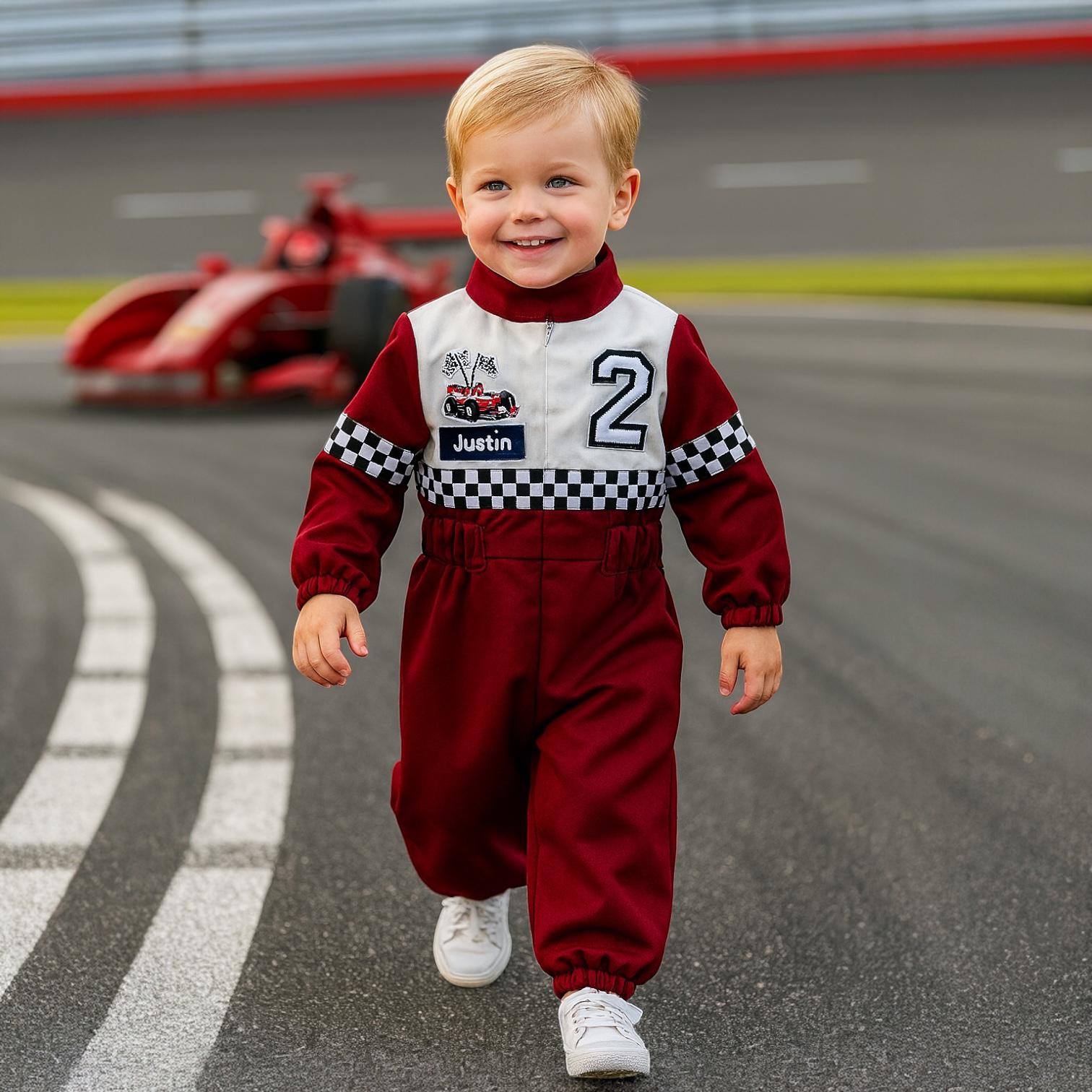 Burgundy Baby Boy Custom Name Racing Suit Birthday Costume Kids Baby Boys Halloween Costume Racer Jumpsuit Personalized Costume Birthday