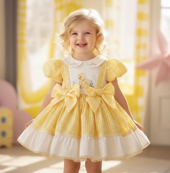 Yellow Duck Embroidered Luxury Baby Girl Birthday Dress Vintage Style Gingham Puffy Toddler Dress Bow Spring Outfit Baby Girl Birthday Dress