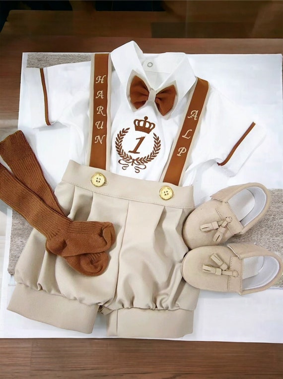 Beige Baby Boy Birthday Outfit Set, Baby Boy Embroidered Custom Name  Birthday Photoshoot Outfit Ring Bearer Baptism Outfit Kids Wedding Suit