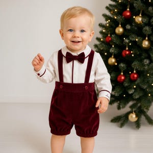 Personalized Burgundy Velvet Baby Boy Christmas Outfit – Holiday Suspender Shorts Set with Bow Tie Toddler Boy Formal Outfit for Xmas Photos