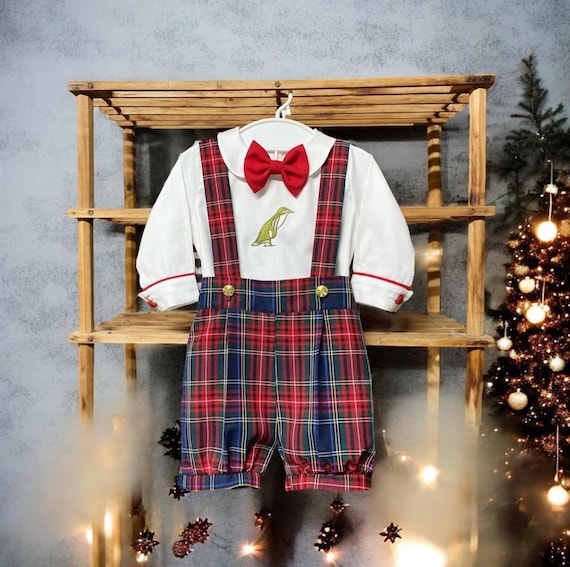 Baby Boy Custom Initials Christmas Outfit, Baby Boy Plaid