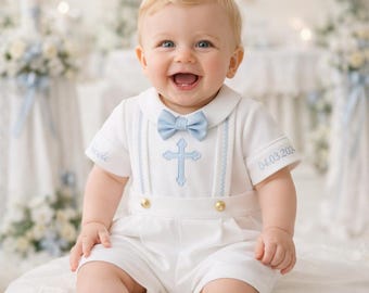 Blue Cross Embroidered Custom Name Personalized White Baby Boy Baptism Christening Outfit Suit Set