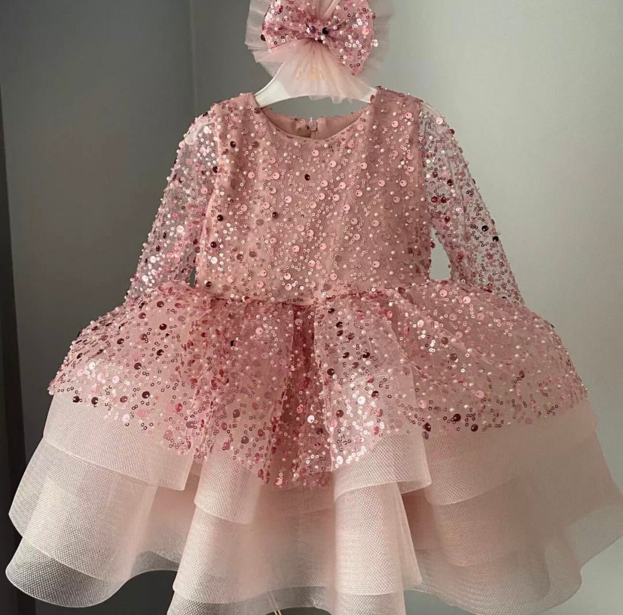 Dusty Pink Sequin Baby Girl Birthday Dress