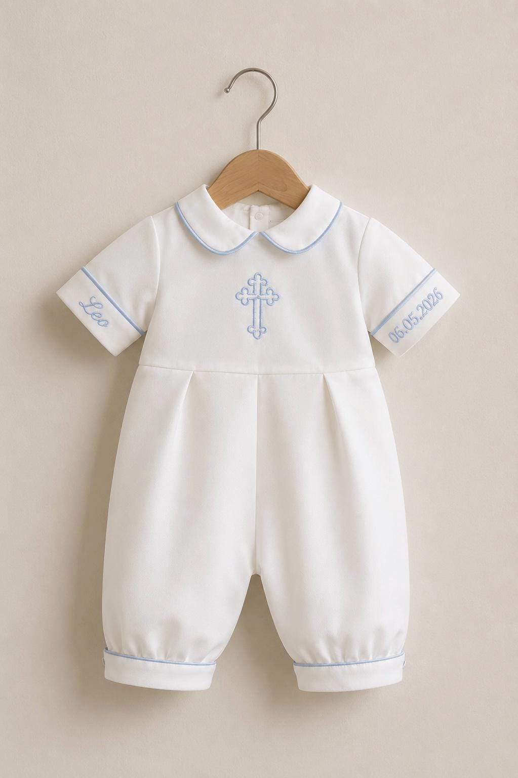 Custom Name Blue Cross Embroidered Baby Boy Baptism Outfit Romper