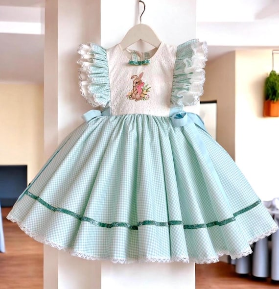 embroidered easter dress Girls Bunny Embroidered Dress, Vintage Style Kids Baby Girl Bunny Dress, Girls Baby Toddler Easter Outfit With Bunny Embroidery