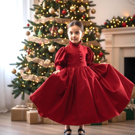 Buy Girl Red Christmas Photoshoot Dress, Vintage Style Midi Long Girls Red Holiday Outfit, Kids Red Christmas Dress Online in India