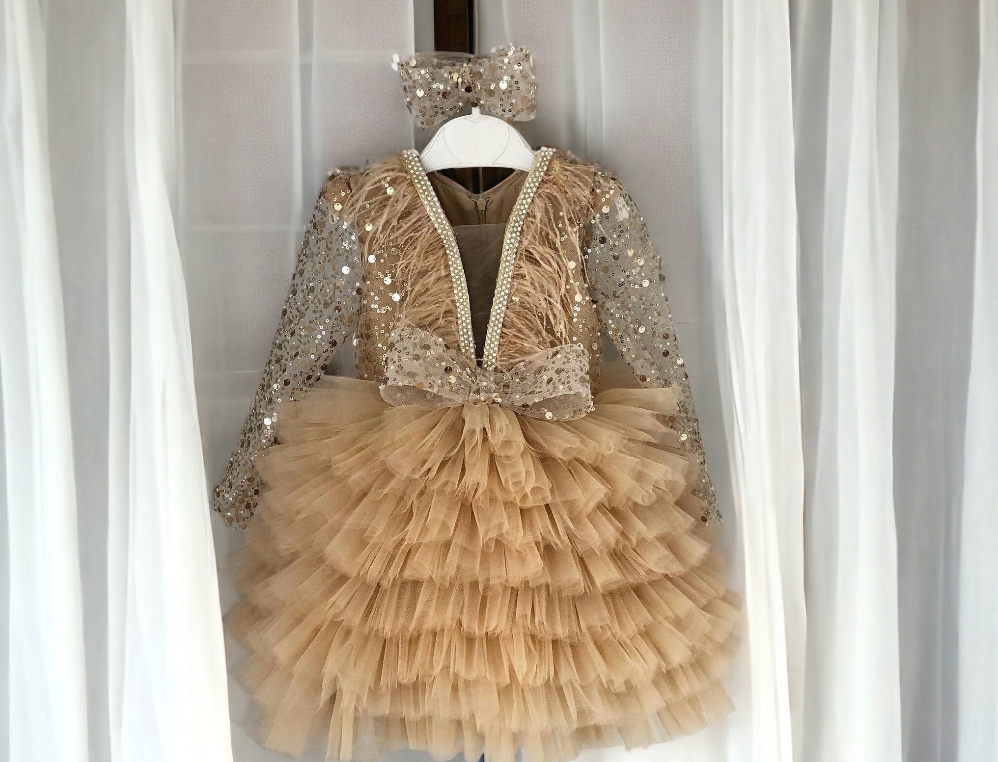 slim fit dress slacks Mini Fairy Dust Sequin Dress - Golden Cascades | Gold | Kids Size | Dazzling Sequins, Comfort Sleeves, Faux Wrap Bodice | Clothing main image 0