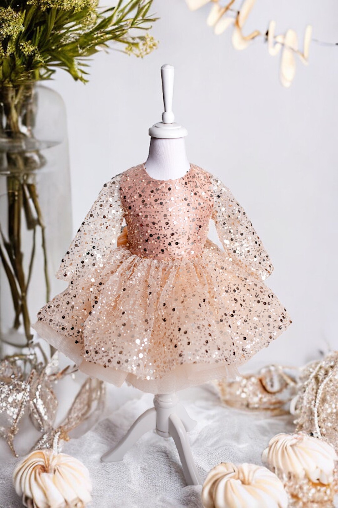 Golden Sparkle Baby Girl Birthday Dress, 1st Birthday Dress, Kids