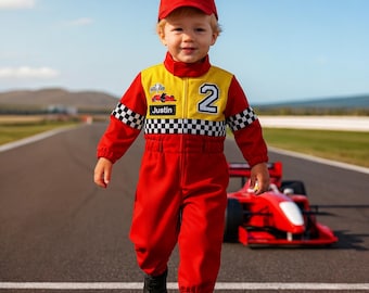 Rot & Gelb Kinder Rennfahrer Kostüm Personalisierte Halloween Kostüm Outfit für Kleinkind Jungen Fast Racing Overall Name Benutzerdefinierte Geburtstag