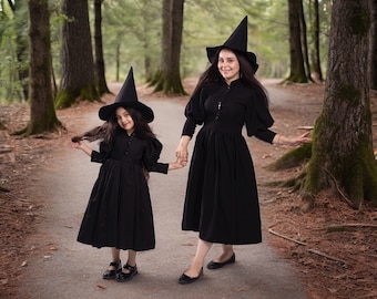 Moeder-dochter heksenjurk voor Halloween Mam en ik bijpassende Halloween-kostuum, zwarte kinderen vrouwen gezwollen mouw heks Halloween-jurk outfit