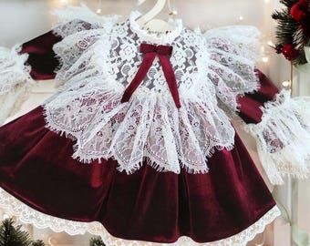 Royal Style Girl Christmas Dress, Kids Burgundy Velvet Vintage Style Lace Collar Christmas Outfit, Christmas Photoshoot Dress Outfit