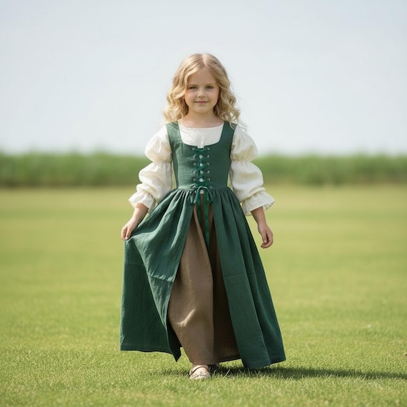 light green medieval dress Girls Dress, Renaissance Era Gown, Historical Fantasy Dance Costume for Girls, Peasant Hobbit Inspired Outfit simple green medieval dress