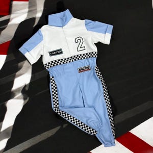 Aangepaste naam en nummer voor kinderen blauw racepak verjaardag kostuum outfit, racer jumpsuit peuter gepersonaliseerde racer autocoureur kostuum verjaardag