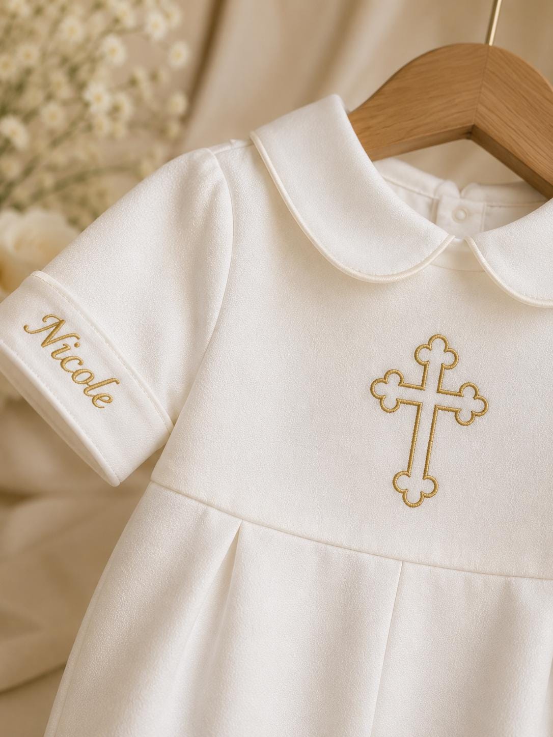 Custom Name Blue Cross Embroidered Baby Boy Baptism Outfit Romper