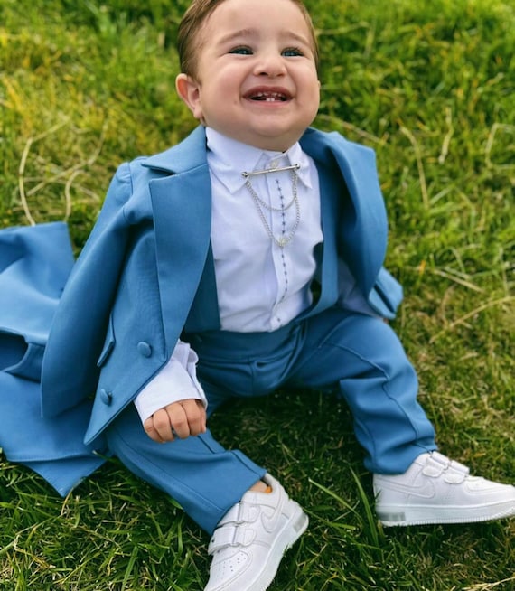 Blue Baby Boy Birthday Suit Set, Custom Name Personalized Baby Boy Pant, Shirt, Jacket Set for Toddler Wedding Birthday Baptism Christenin
