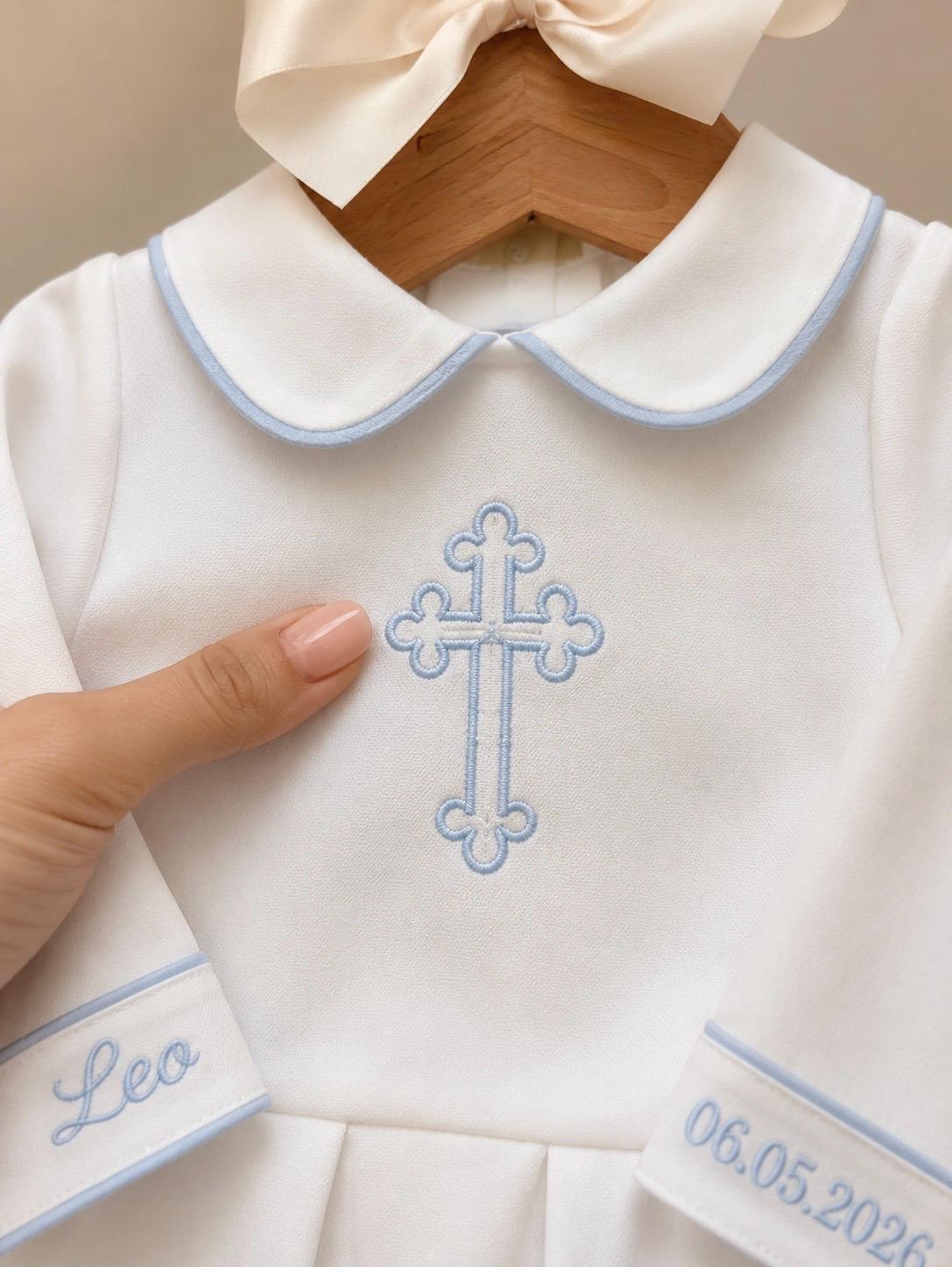 Custom Name Blue Cross Embroidered Baby Boy Baptism Outfit Romper