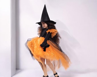 Kids Starry Fairy Black Orange Witch Costume with Long Train, Kids Girl Toddler Halloween Costume, Witch Dress Costume Halloween Costume