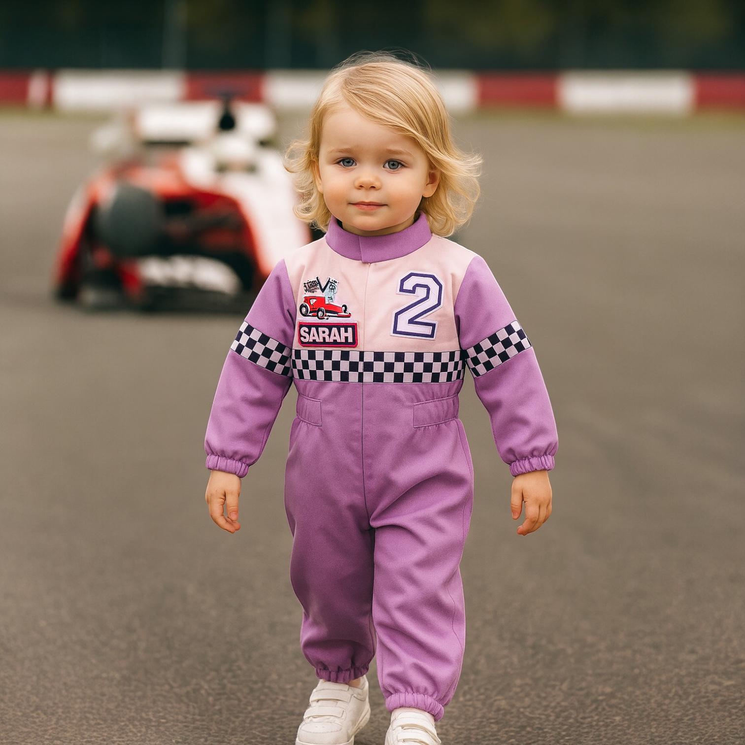 パープルピンクのパーソナライズされた女の子のレーシングスーツ