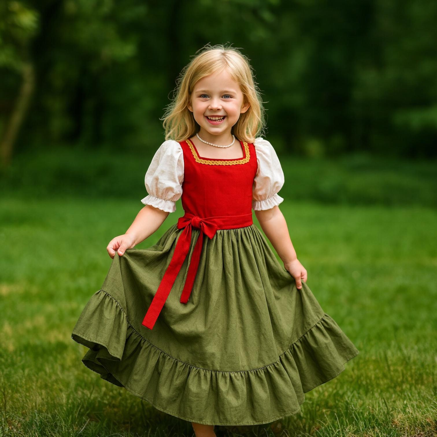 Girls Red and Green Medieval Dress – Renaissance Princess Outfit – Kids Halloween Costume – Girl Country Style Dress Costume