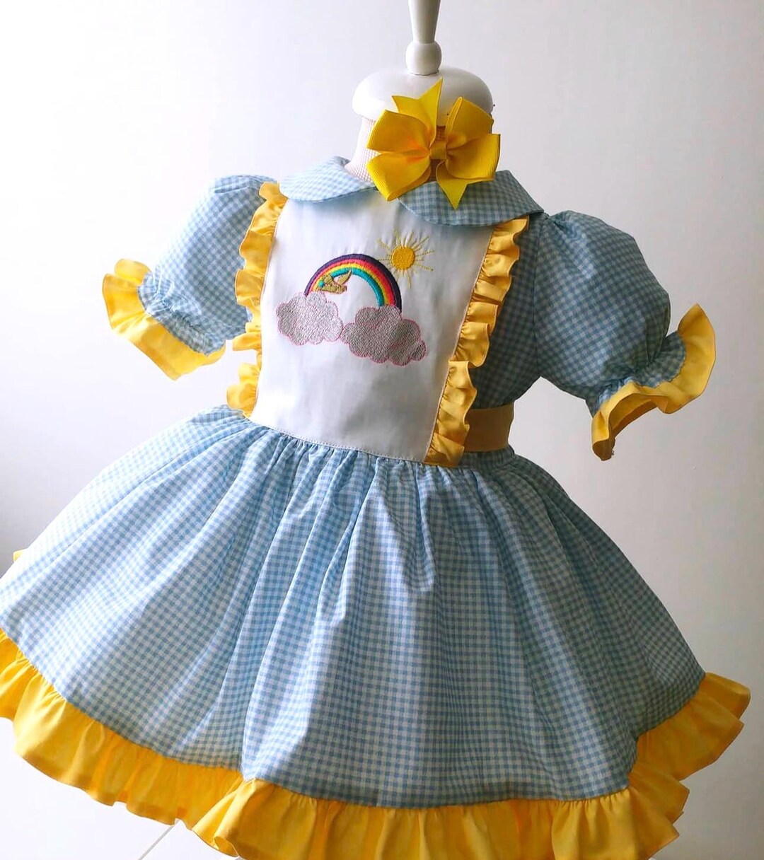 Vestito blu ricamato arcobaleno per bambina, vestito per la festa