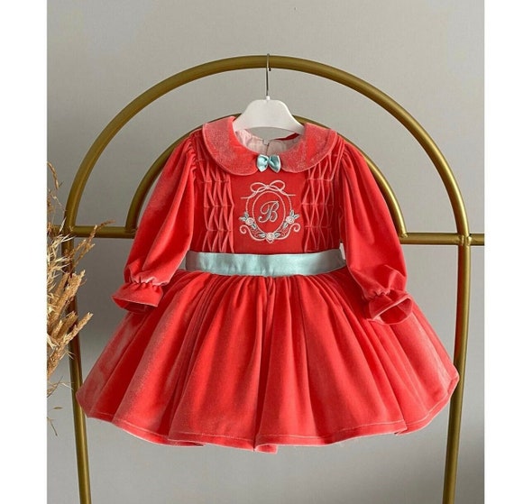 Custom Initial Luxury Velvet Baby Girl Birthday Dress Girls Special Occasion Dress Orange Custom Name Girls Dress Etsy Canada